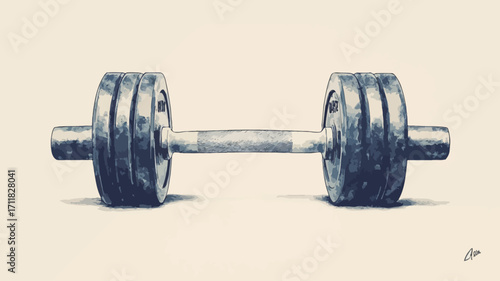 A digital illustration of a steel dumbbell, viewed from a slightly elevated angle. The dumbbell has a long, straight bar connecting two large, circular weight plates on either end. The plates