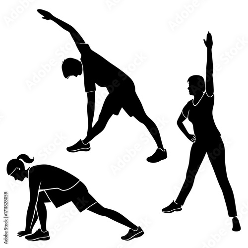 Three silhouettes of people stretching and warming up for exercise.