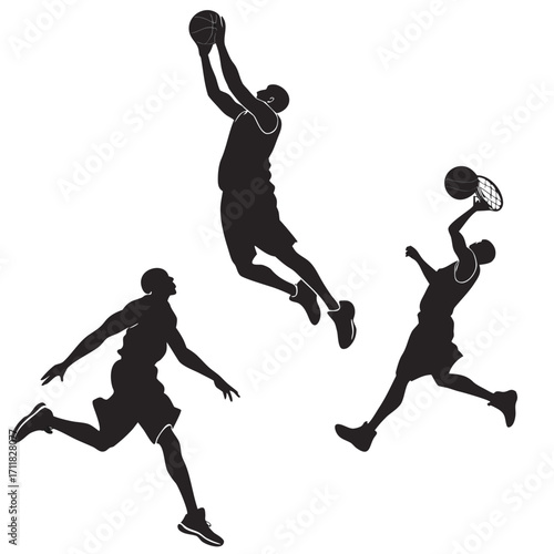 Three silhouetted basketball players in action.