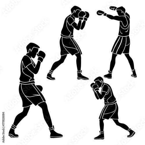 Set of four black silhouettes of male boxers in various fighting and defensive stances.