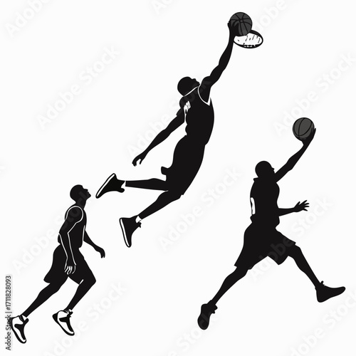 Silhouettes of three basketball players in action, one mid-air dunking, another jumping with the ball, and a third running.