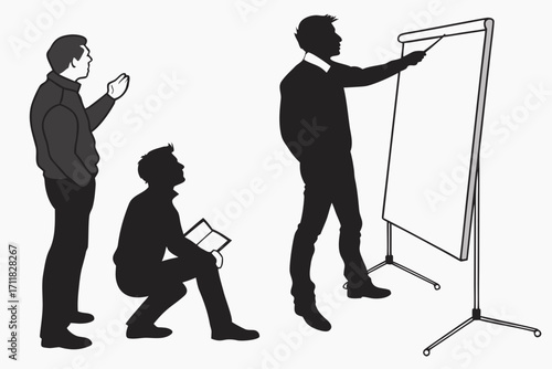 Three men in business meeting; one presents on flip chart.
