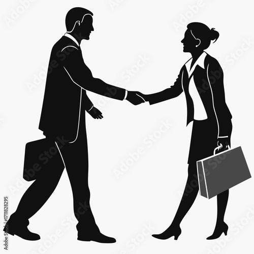 Silhouette of a businessman and a businesswoman in professional attire shaking hands while carrying briefcases.