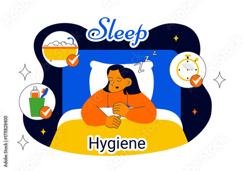 Sleep Hygiene Illustration Featuring a Young Person Sleeping in Bed with a Comfortable Mattress, Regular Sleep Schedule, and Daily Bedtime Routine