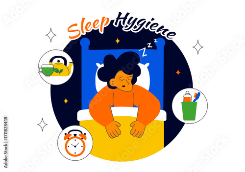 Sleep Hygiene Illustration Featuring a Young Person Sleeping in Bed with a Comfortable Mattress, Regular Sleep Schedule, and Daily Bedtime Routine