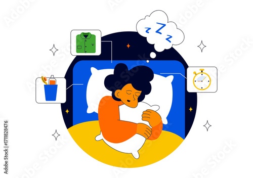 Sleep Hygiene Illustration Featuring a Young Person Sleeping in Bed with a Comfortable Mattress, Regular Sleep Schedule, and Daily Bedtime Routine