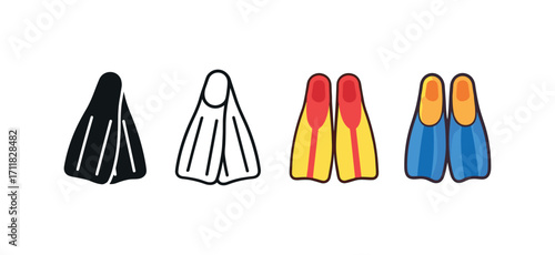 Vector icon diving flippers same pose same proportions four styles black solid glyph outline minimal flat multicolor filled cartoon flat shaded.