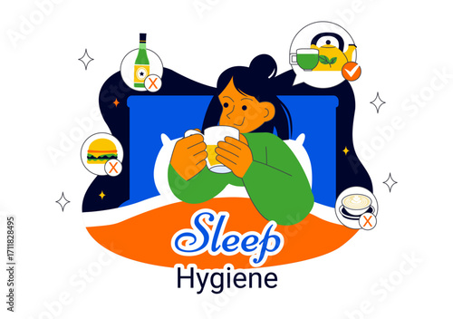 Sleep Hygiene Illustration Featuring a Young Person Sleeping in Bed with a Comfortable Mattress, Regular Sleep Schedule, and Daily Bedtime Routine