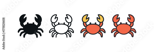 Vector icon sea crab same pose same proportions four styles black solid glyph outline minimal flat multicolor filled cartoon flat shaded.