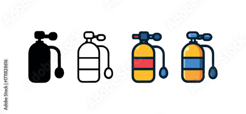Vector icon diving oxygen tank same pose same proportions four styles black solid glyph outline minimal flat multicolor filled cartoon flat shaded.
