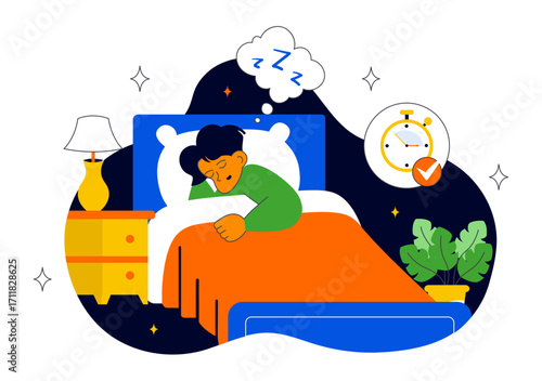 Sleep Hygiene Illustration Featuring a Young Person Sleeping in Bed with a Comfortable Mattress, Regular Sleep Schedule, and Daily Bedtime Routine