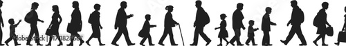 Human life cycle, growth stages, people silhouettes, evolution of age, generational transition, walking silhouettes, childhood to elderly, aging process, human development, age journey