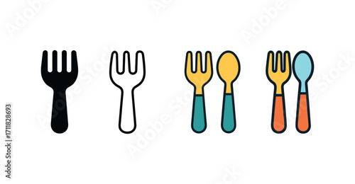 Vector icon kitchen fork spoon same pose same proportions four styles black solid glyph outline minimal flat multicolor filled cartoon flat shaded.