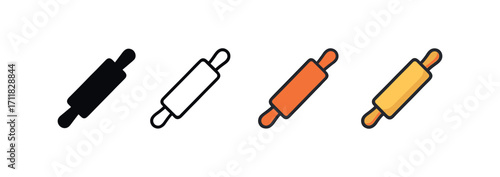 Vector icon kitchen rolling pin same pose same proportions four styles black solid glyph outline minimal flat multicolor filled cartoon flat shaded.