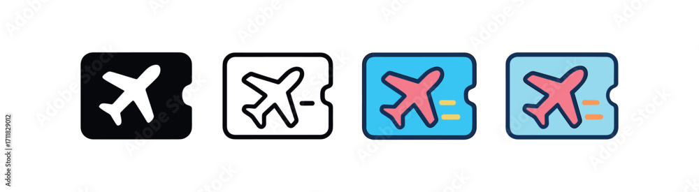 Fototapeta premium Vector icon travel boarding pass same pose same proportions four styles black solid glyph outline minimal flat multicolor filled cartoon flat shaded.