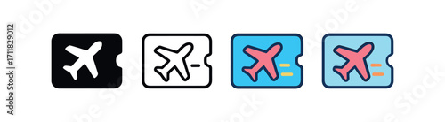 Vector icon travel boarding pass same pose same proportions four styles black solid glyph outline minimal flat multicolor filled cartoon flat shaded.