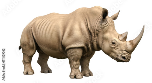 Isolated Southern white rhinoceros standing, ceratotherium simum, critically endangered animal