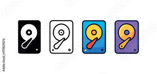 Vector icon pc hard drive same pose same proportions four styles black solid glyph outline minimal flat multicolor filled cartoon flat shaded.