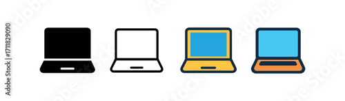 Vector icon pc laptop same pose same proportions four styles black solid glyph outline minimal flat multicolor filled cartoon flat shaded.