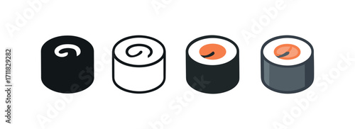 Vector icon food sushi roll same pose same proportions four styles black solid glyph outline minimal flat multicolor filled cartoon flat shaded.