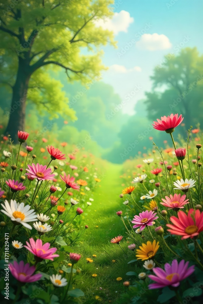 Obraz premium A vibrant, lush spring bursting with wildflowers, emanating a sense of renewal and healing energy Perfect for concepts of rebirth, wellness, and natural remedies , flowers, meadow