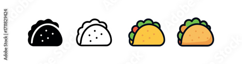Vector icon food taco same pose same proportions four styles black solid glyph outline minimal flat multicolor filled cartoon flat shaded.