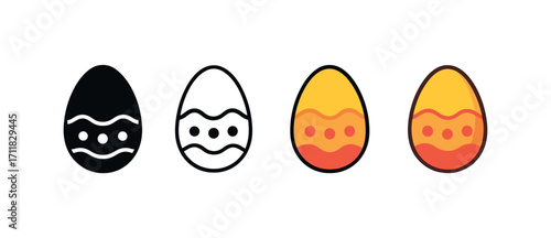 Vector icon holidays easter egg same pose same proportions four styles black solid glyph outline minimal flat multicolor filled cartoon flat shaded.