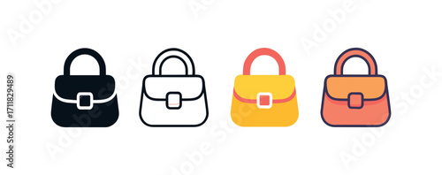 Vector icon fashion handbag same pose same proportions four styles black solid glyph outline minimal flat multicolor filled cartoon flat shaded.