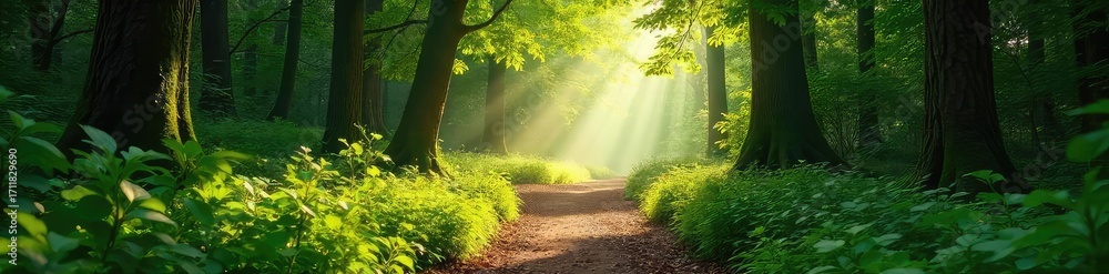 Fototapeta premium Sun-dappled forest path winding through lush greenery, sunlight filtering through leaves, creating a magical atmosphere Perfect for nature, travel, and fantasy themes , adventure, wallpaper, summer