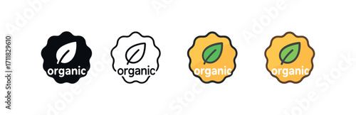 Vector icon ecology organic label same pose same proportions four styles black solid glyph outline minimal flat multicolor filled cartoon flat shaded.