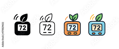Vector icon ecology smart thermostat same pose same proportions four styles black solid glyph outline minimal flat multicolor filled cartoon flat shaded.