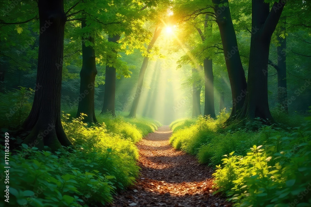 Obraz premium Sun-dappled forest path winding through lush green foliage, sunlight filtering through leaves, creating a magical atmosphere Perfect for nature, travel, and adventure themes , spring, sunbeams