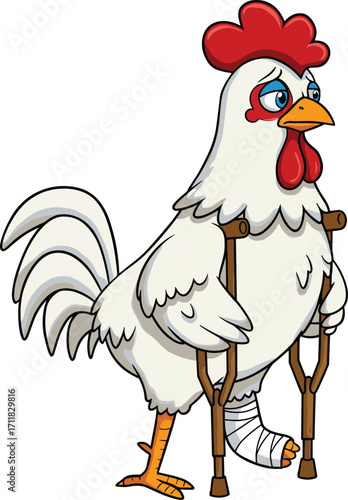 Injured cartoon chicken with crutches, broken leg wrapped in bandage, sad farm animal illustration, funny poultry character, domestic bird injury, humorous animal artwork, farm life