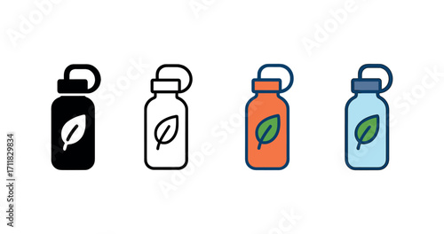 Vector icon ecology water bottle reusable same pose same proportions four styles black solid glyph outline minimal flat multicolor filled cartoon flat shaded.