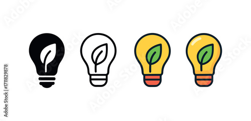 Vector icon ecology eco bulb same pose same proportions four styles black solid glyph outline minimal flat multicolor filled cartoon flat shaded.