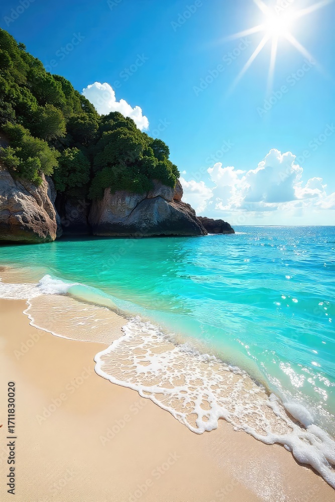 Obraz premium Sun-drenched coastal scene, sparkling turquoise water laps gently against a sandy shore Perfect for travel, vacation, and summer themes Idyllic beach escape , travel, golden, sunny
