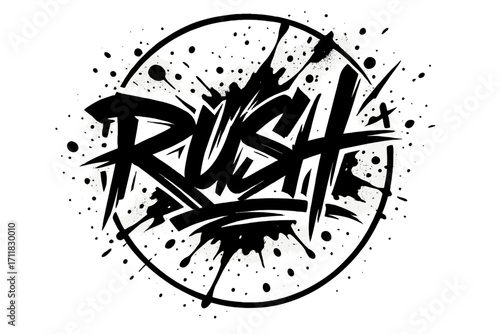 Rush streetstyle graffiti aggressive quick strokes surrounded by paint splashes circular frame composition clean white background vector look high contrast.