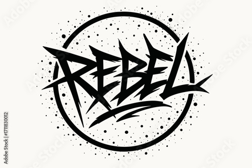 Rebel streetstyle graffiti edgy jagged strokes surrounded by spray dots circular frame composition clean white background vector look high contrast.