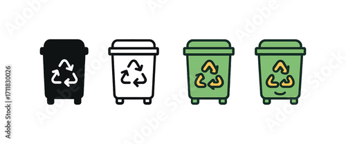 Vector icon ecology compost bin same pose same proportions four styles black solid glyph outline minimal flat multicolor filled cartoon flat shaded.