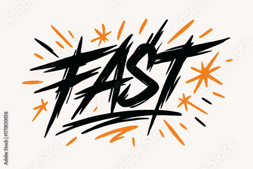 Fast graffiti style lettering jagged quick strokes surrounded by sparks horizontal balanced layout clean white background vector look high contrast.