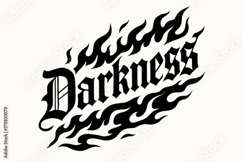 Darkness gothic lettering medieval heavy strokes surrounded by flames diagonal decorative composition clean white background vector look high contrast.