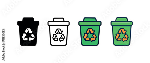 Vector icon ecology recycling bin same pose same proportions four styles black solid glyph outline minimal flat multicolor filled cartoon flat shaded.