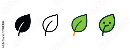 Vector icon ecology eco leaf same pose same proportions four styles black solid glyph outline minimal flat multicolor filled cartoon flat shaded.