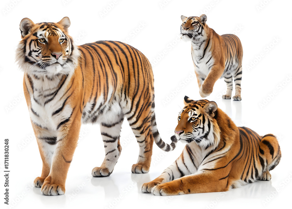 Obraz premium Three majestic tigers posing on a white background in a studio setting today