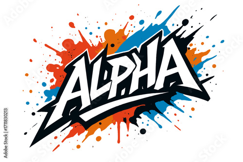 Alpha graffiti lettering sharp jagged tone surrounded by paint splashes diagonal decorative composition clean white background vector look high contrast.