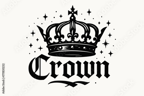 Crown gothic calligraphy regal medieval strokes surrounded by sparks horizontal balanced layout clean white background vector look high contrast.