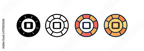 Vector icon casino bet token same pose same proportions four styles black solid glyph outline minimal flat multicolor filled cartoon flat shaded.