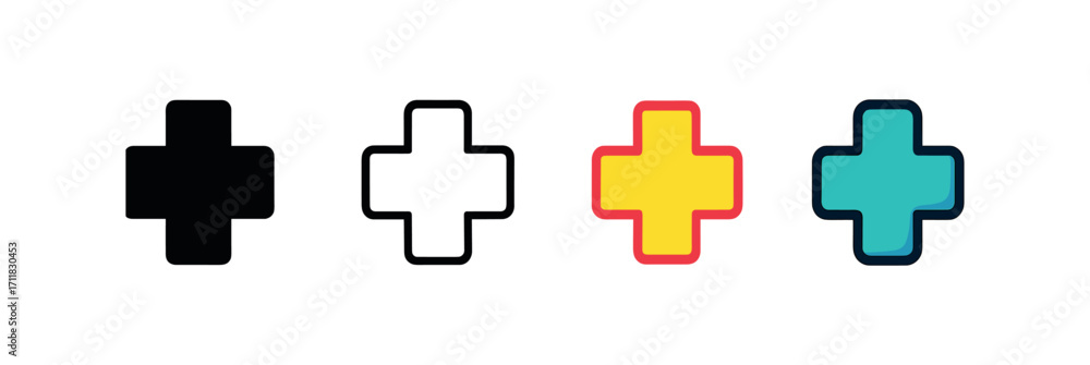 Fototapeta premium Vector icon medical cross hospital same pose same proportions four styles black solid glyph outline minimal flat multicolor filled cartoon flat shaded.