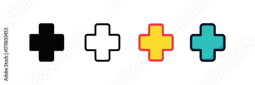 Vector icon medical cross hospital same pose same proportions four styles black solid glyph outline minimal flat multicolor filled cartoon flat shaded.