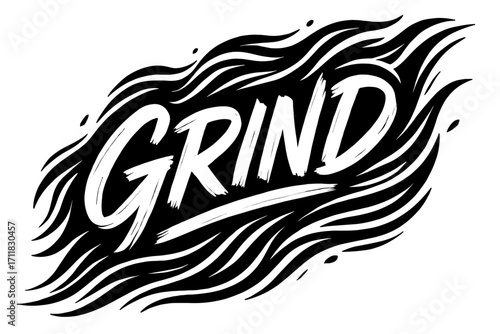 Grind brush lettering bold sweeping style surrounded by abstract waves diagonal decorative composition clean white background vector look high contrast.